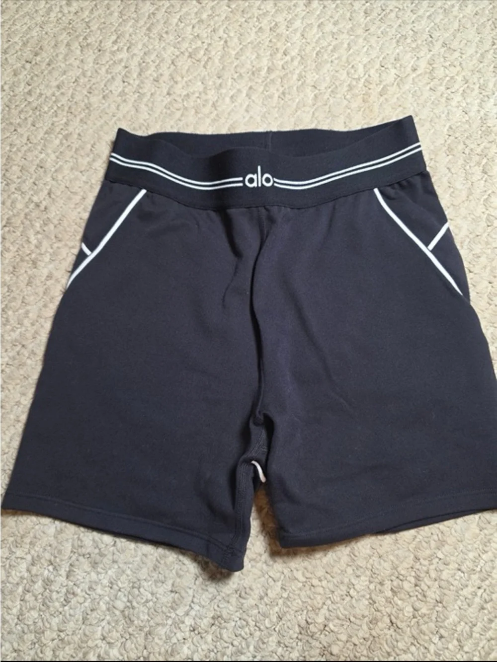 ALO Yoga Black Bike Shorts with White Heart Stitching